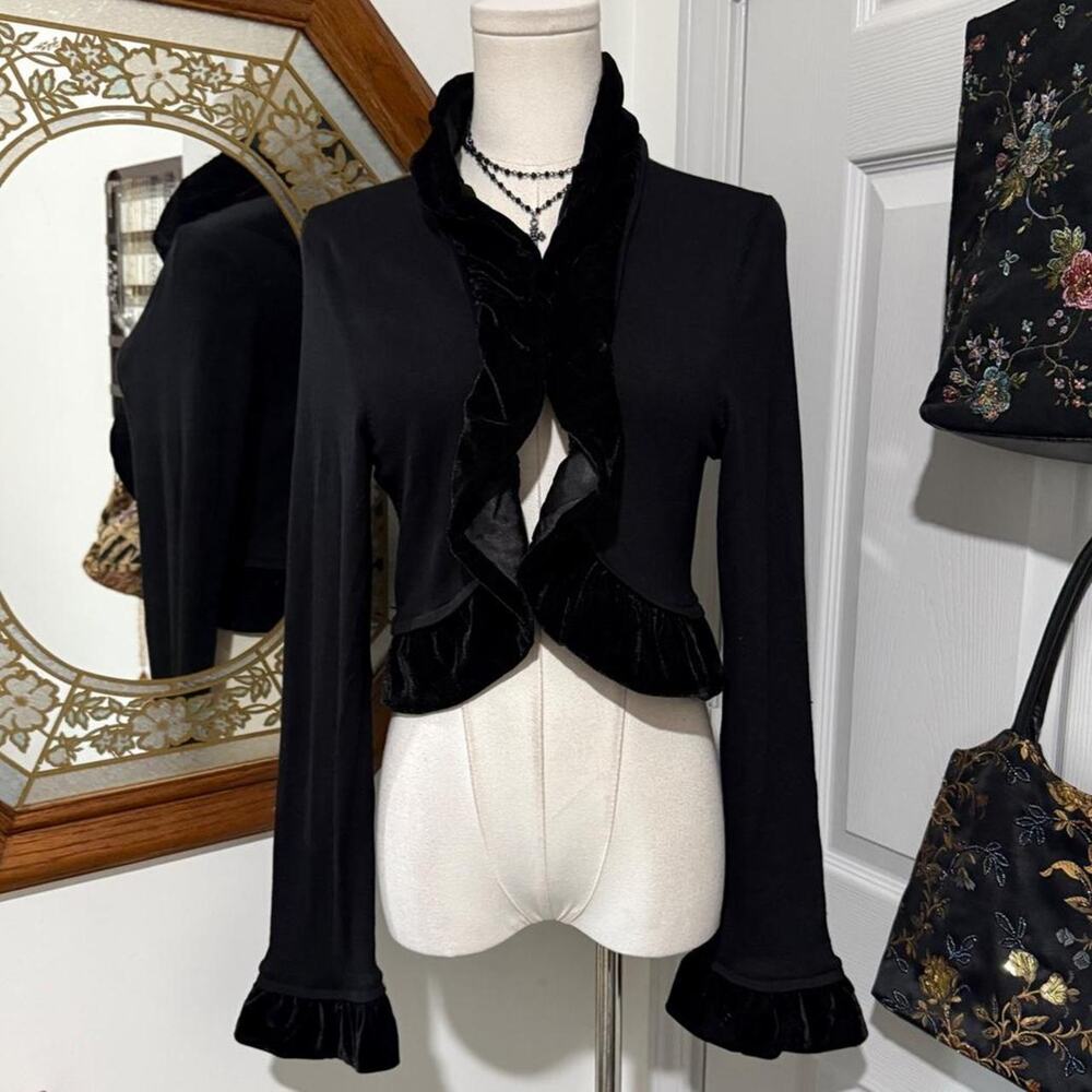 White House Black Market Black Silk Blend Knit Flare Sleeve Velvet Trim Shrug